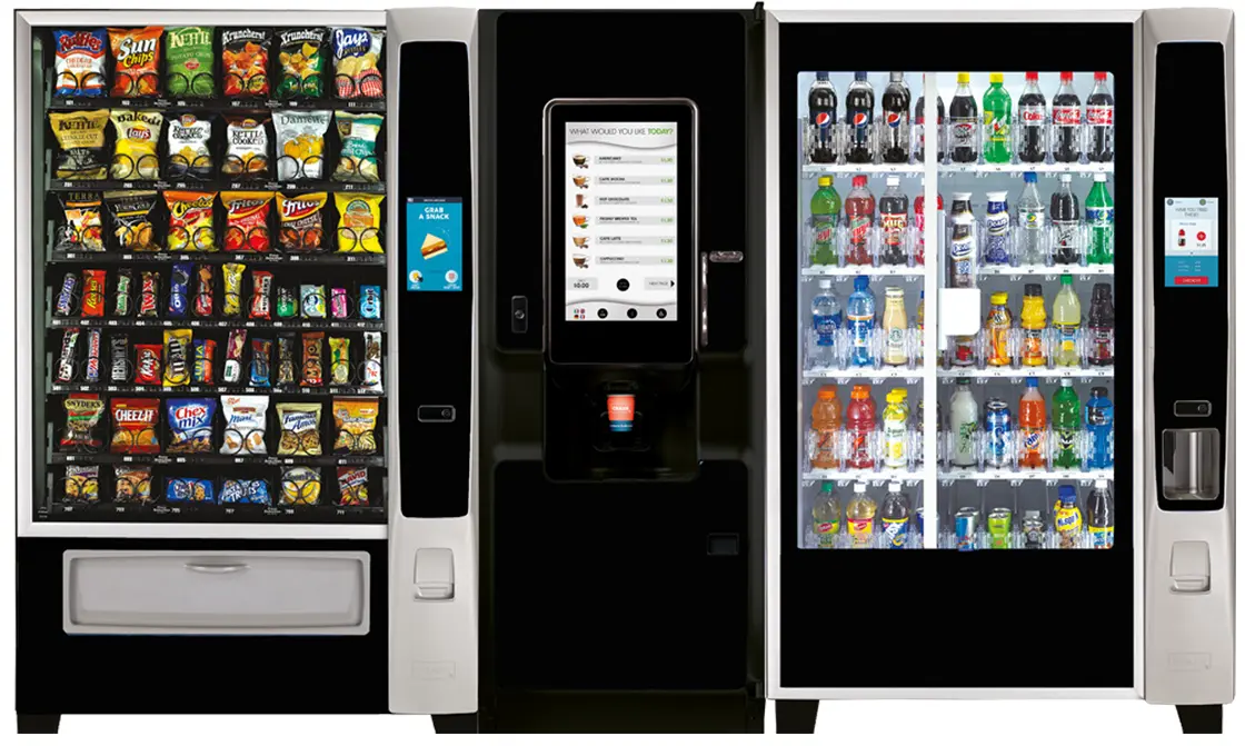Photo of a bank of modern CRANE vending machines